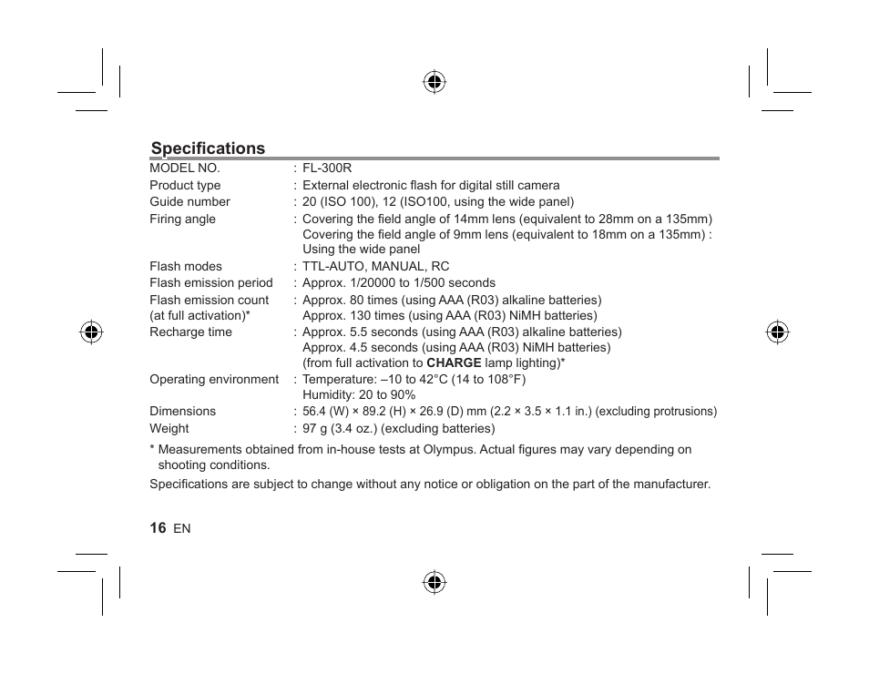 Specifi cations | Olympus FL-300R User Manual | Page 14 / 162