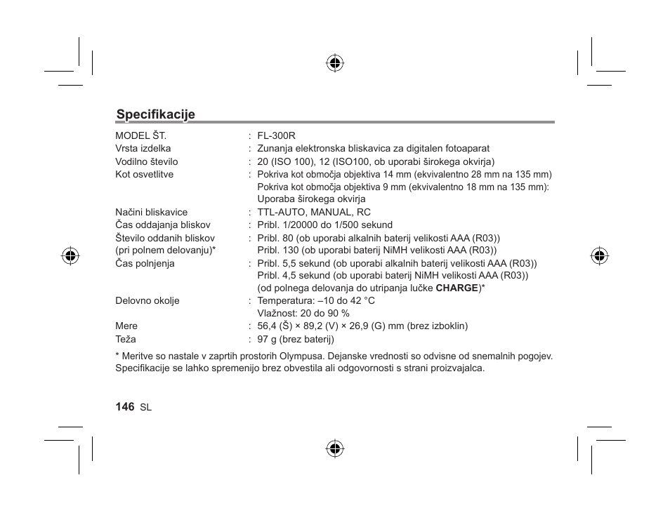 Specifi kacije | Olympus FL-300R User Manual | Page 144 / 162