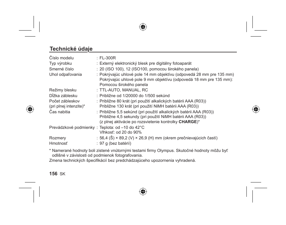 Technické údaje | Olympus FL-300R User Manual | Page 154 / 162