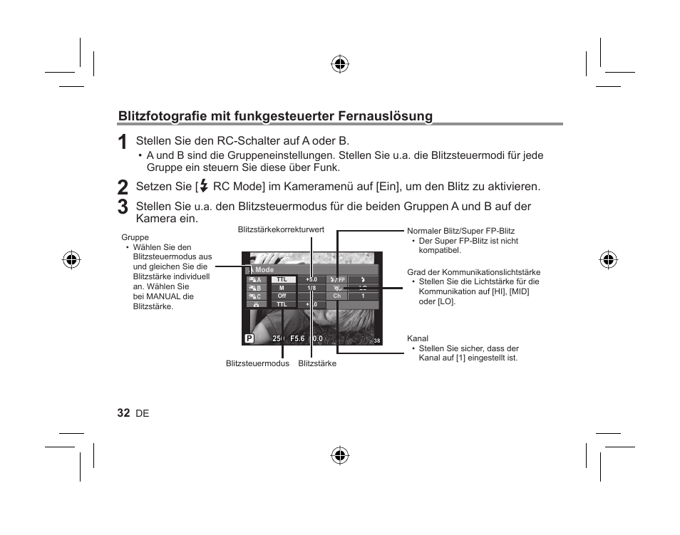 Blitzfotografi e mit funkgesteuerter fernauslösung, Stellen sie den rc-schalter auf a oder b, Stellen sie | Olympus FL-300R User Manual | Page 30 / 162