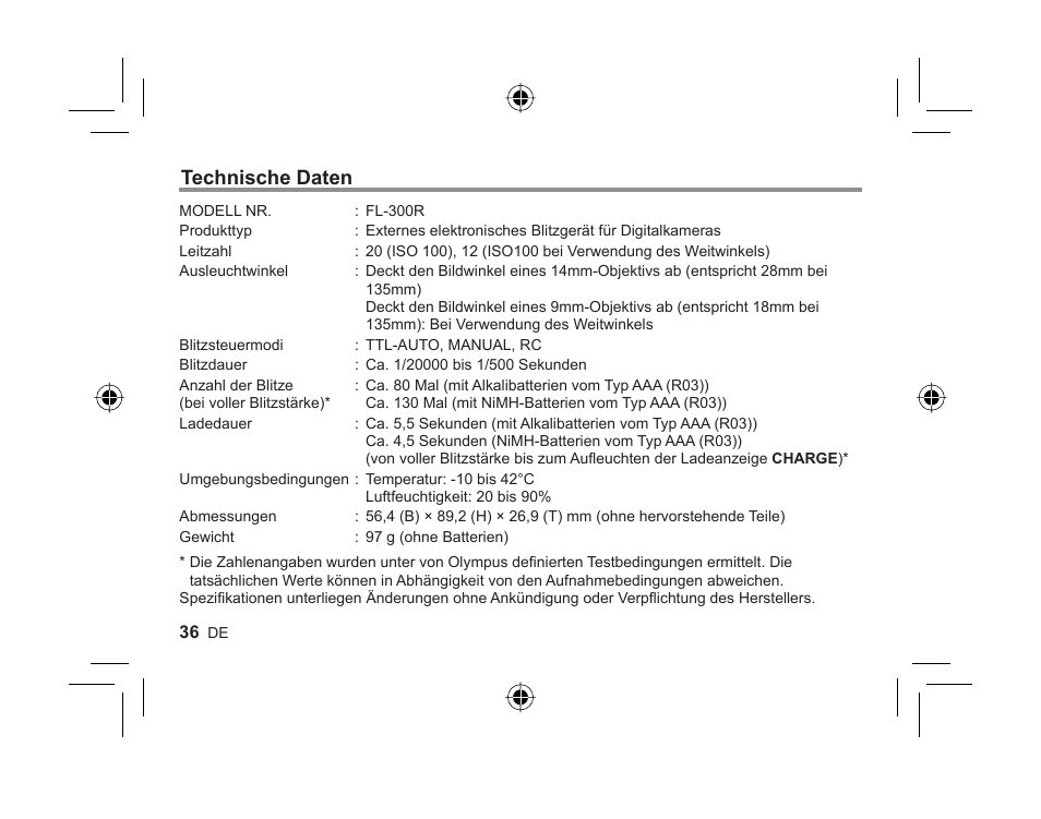 Technische daten | Olympus FL-300R User Manual | Page 34 / 162