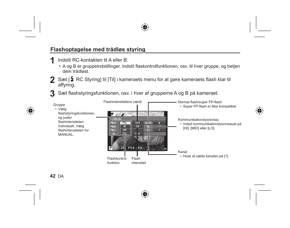 Flashoptagelse med trådløs styring, Indstil rc-kontakten til a eller b, Sæt fl ashstyringsfunktionen | Osv. i hver af grupperne a og b på kameraet | Olympus FL-300R User Manual | Page 40 / 162