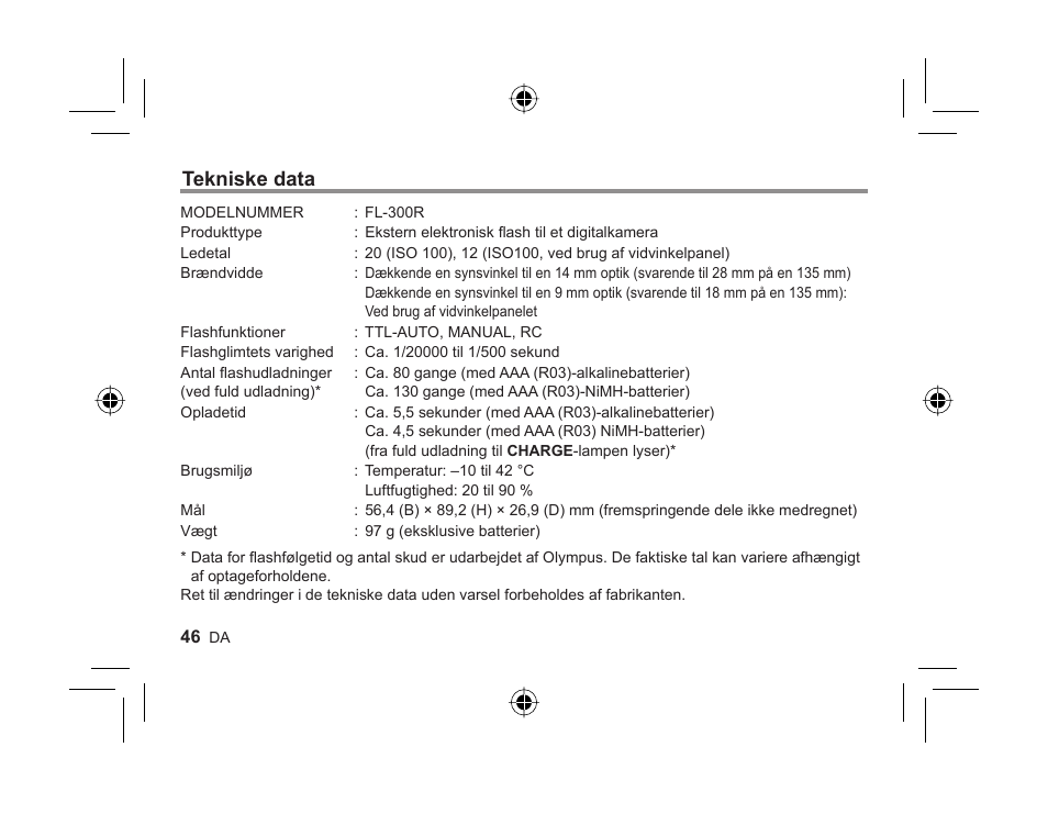 Tekniske data | Olympus FL-300R User Manual | Page 44 / 162