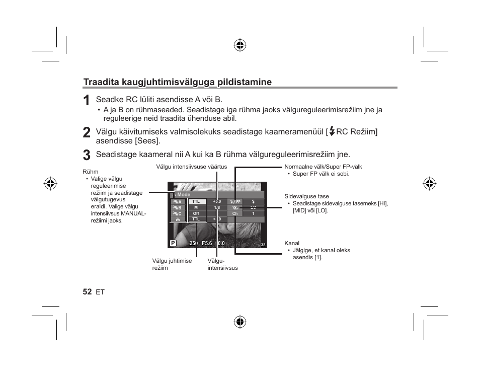 Traadita kaugjuhtimisvälguga pildistamine, Seadke rc lüliti asendisse a või b | Olympus FL-300R User Manual | Page 50 / 162