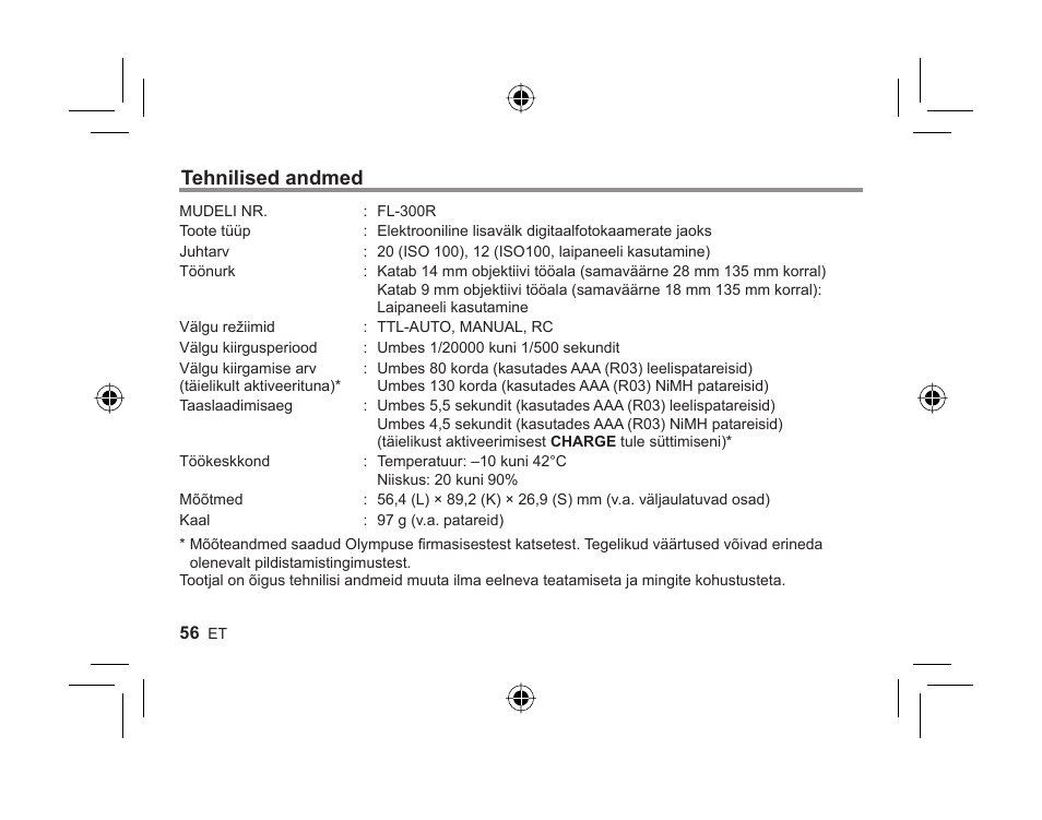 Tehnilised andmed | Olympus FL-300R User Manual | Page 54 / 162