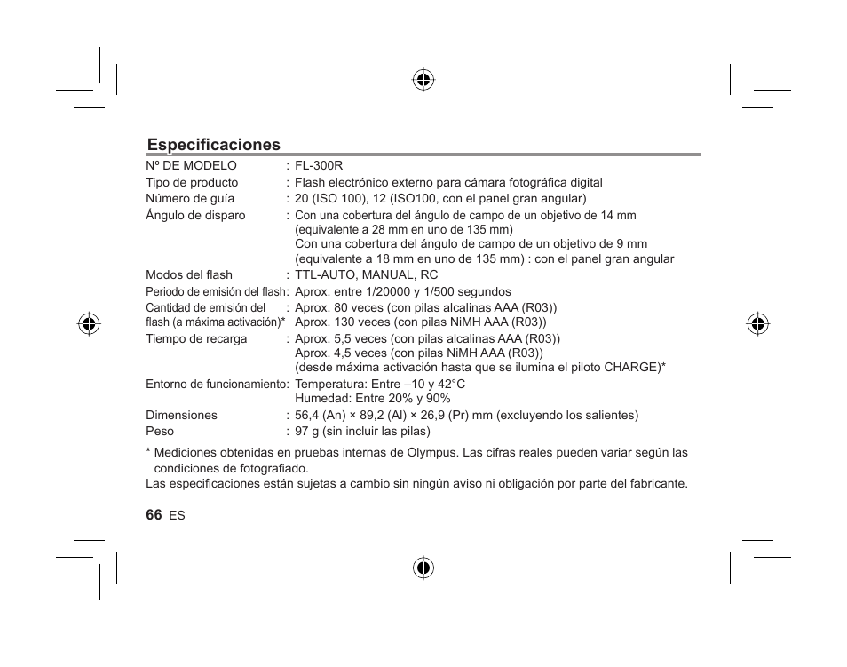 Especifi caciones | Olympus FL-300R User Manual | Page 64 / 162