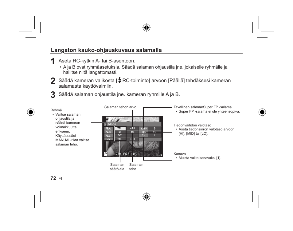 Langaton kauko-ohjauskuvaus salamalla, Aseta rc-kytkin a- tai b-asentoon | Olympus FL-300R User Manual | Page 70 / 162