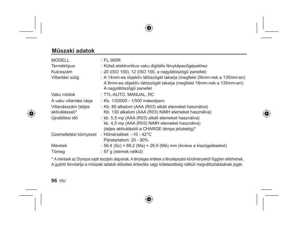 Műszaki adatok | Olympus FL-300R User Manual | Page 94 / 162