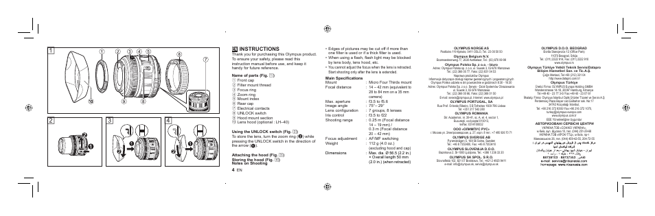 Instructions | Olympus M.ZUIKO DIGITAL ED 14-42mm 1:3.5-5.6 II User Manual | Page 2 / 66
