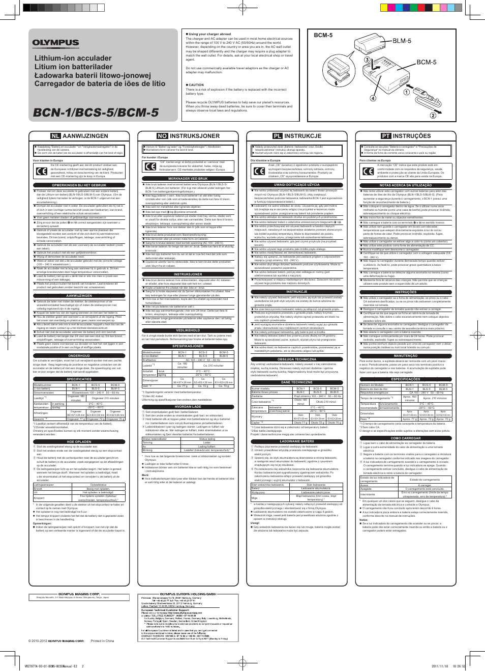 Bcn-1/bcs-5/bcm-5, Nl aanwijzingen, No instruksjoner | Pl instrukcje, Pt instruções, Bcm-5 | Olympus BCS-5 User Manual | Page 7 / 7