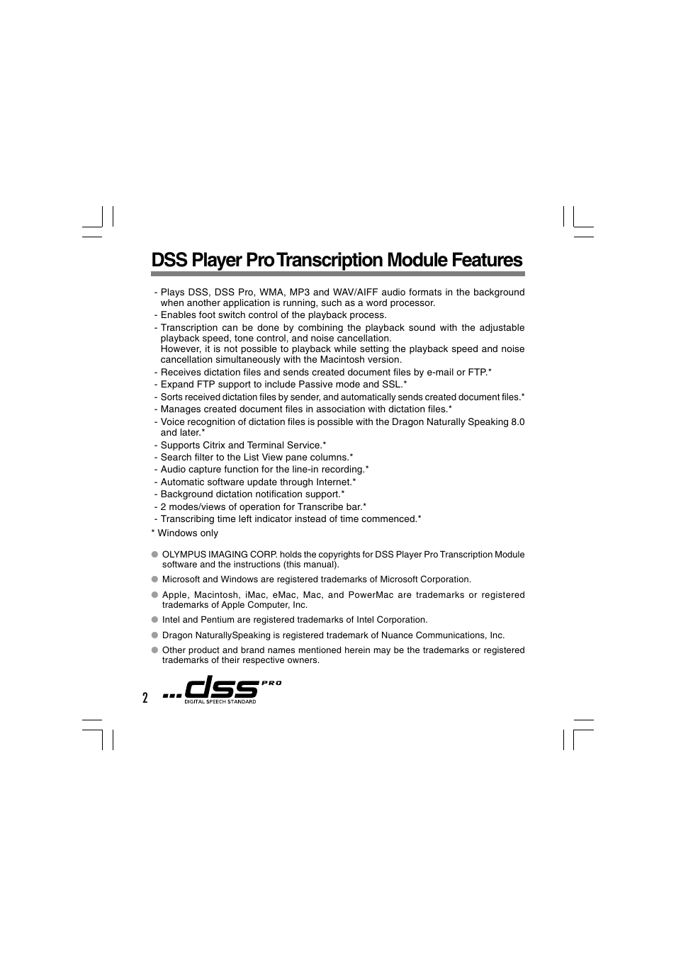 Dss player pro transcription module features | Olympus AS-5000 User Manual | Page 2 / 81