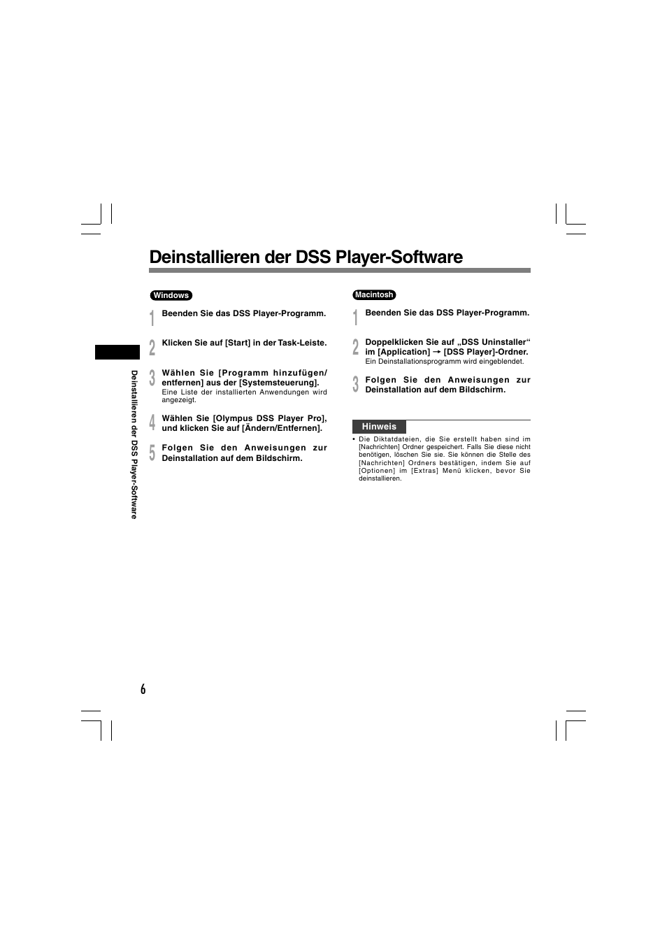 Deinstallieren der dss player-software | Olympus AS-5000 User Manual | Page 45 / 81