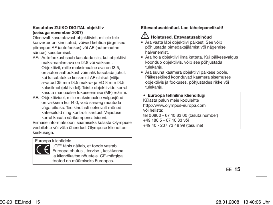 Olympus ZUIKO DIGITAL 2.0x Telekonverter EC-20 User Manual | Page 13 / 58