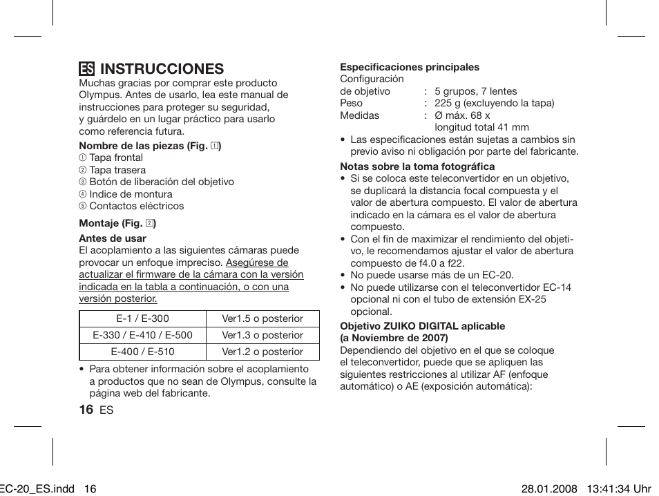 Instrucciones | Olympus ZUIKO DIGITAL 2.0x Telekonverter EC-20 User Manual | Page 14 / 58