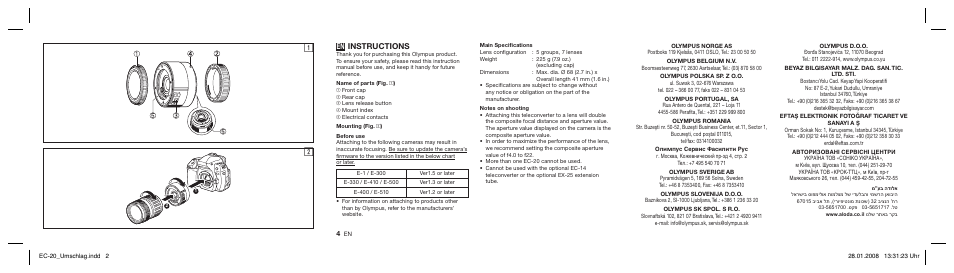 Instructions | Olympus ZUIKO DIGITAL 2.0x Telekonverter EC-20 User Manual | Page 2 / 58