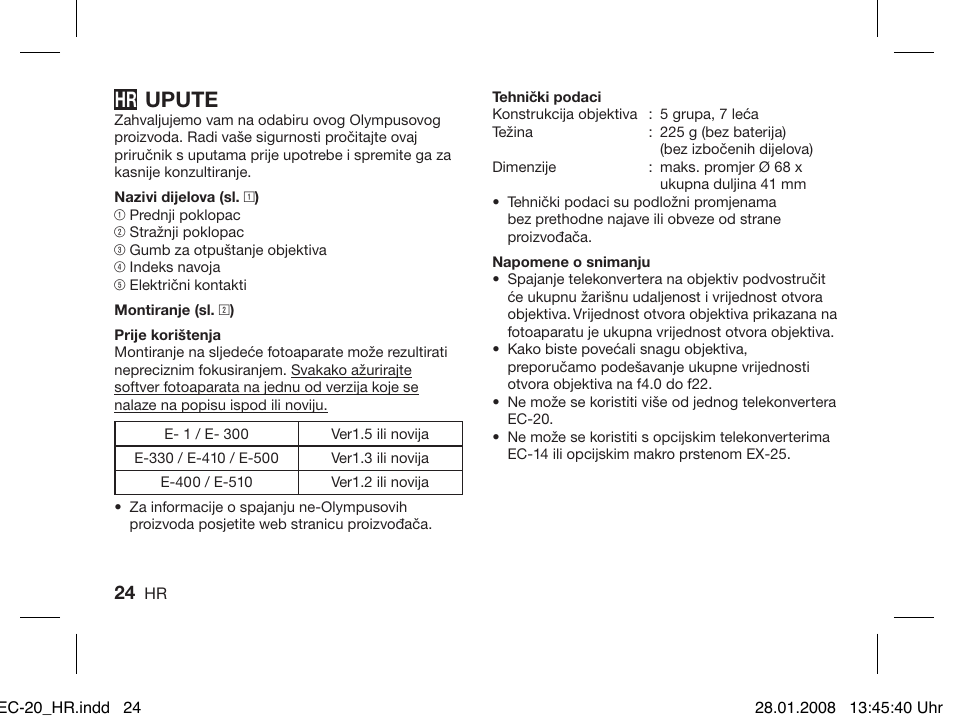 Upute | Olympus ZUIKO DIGITAL 2.0x Telekonverter EC-20 User Manual | Page 22 / 58
