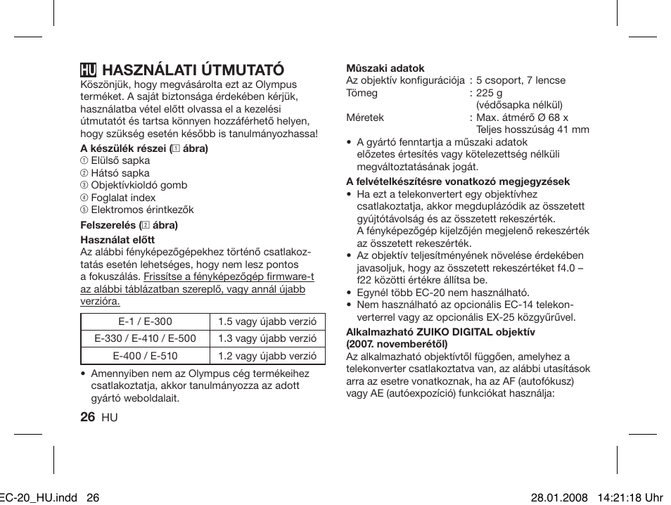 Használati útmutató | Olympus ZUIKO DIGITAL 2.0x Telekonverter EC-20 User Manual | Page 24 / 58