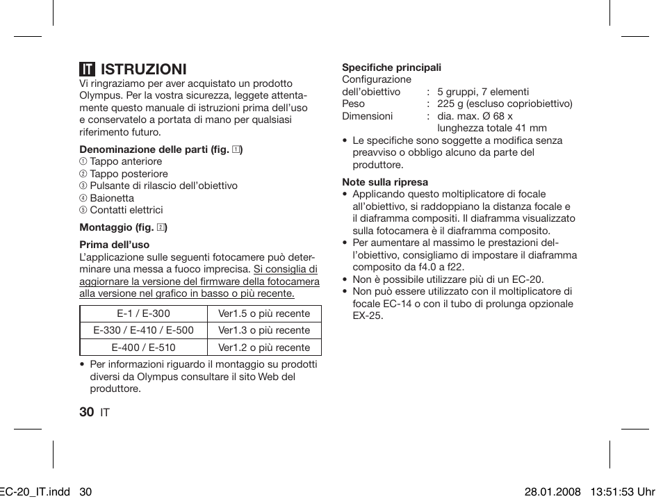 Istruzioni | Olympus ZUIKO DIGITAL 2.0x Telekonverter EC-20 User Manual | Page 28 / 58