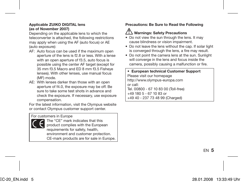 Olympus ZUIKO DIGITAL 2.0x Telekonverter EC-20 User Manual | Page 3 / 58