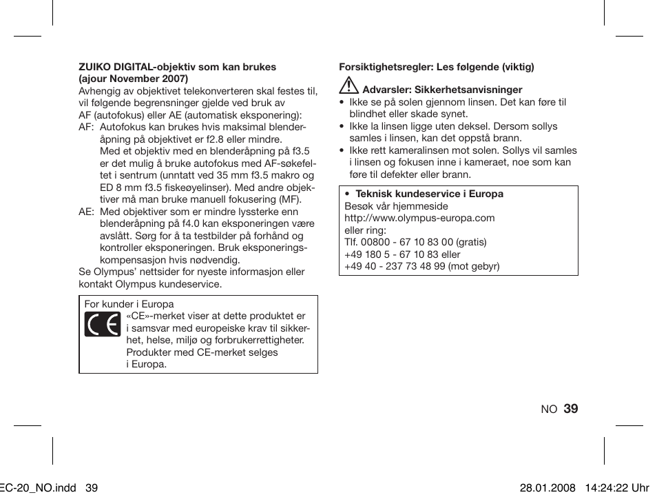 Olympus ZUIKO DIGITAL 2.0x Telekonverter EC-20 User Manual | Page 37 / 58