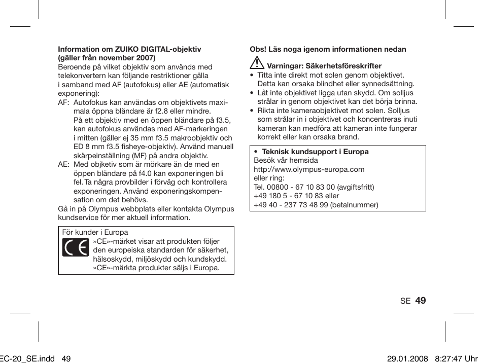 Olympus ZUIKO DIGITAL 2.0x Telekonverter EC-20 User Manual | Page 47 / 58