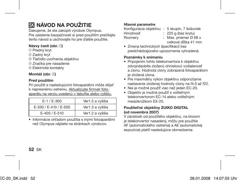 Návod na použitie | Olympus ZUIKO DIGITAL 2.0x Telekonverter EC-20 User Manual | Page 50 / 58