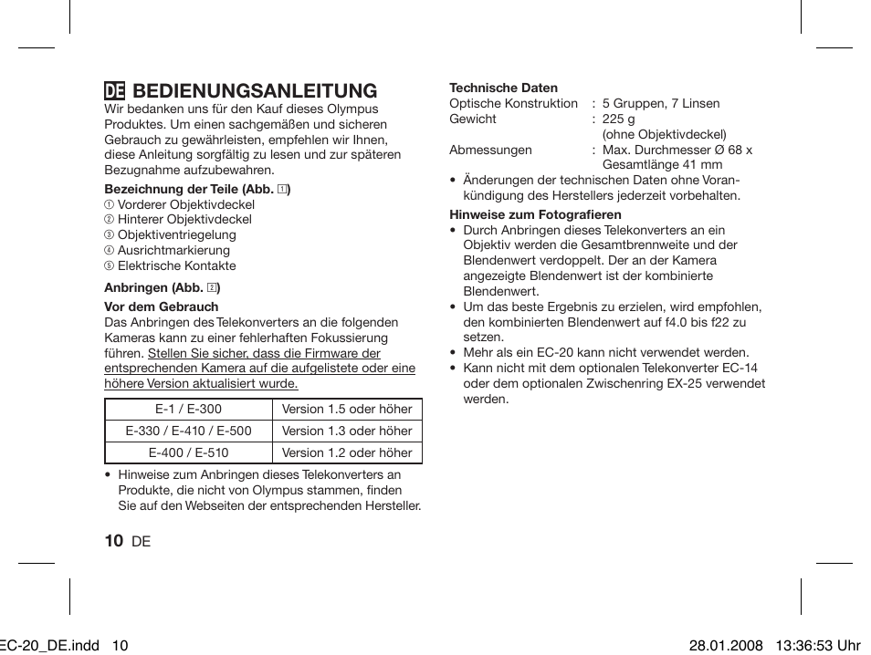 Bedienungsanleitung | Olympus ZUIKO DIGITAL 2.0x Telekonverter EC-20 User Manual | Page 8 / 58