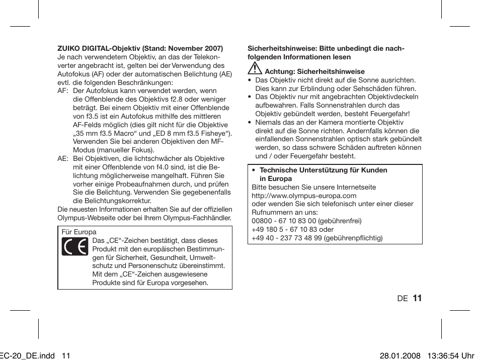 Olympus ZUIKO DIGITAL 2.0x Telekonverter EC-20 User Manual | Page 9 / 58