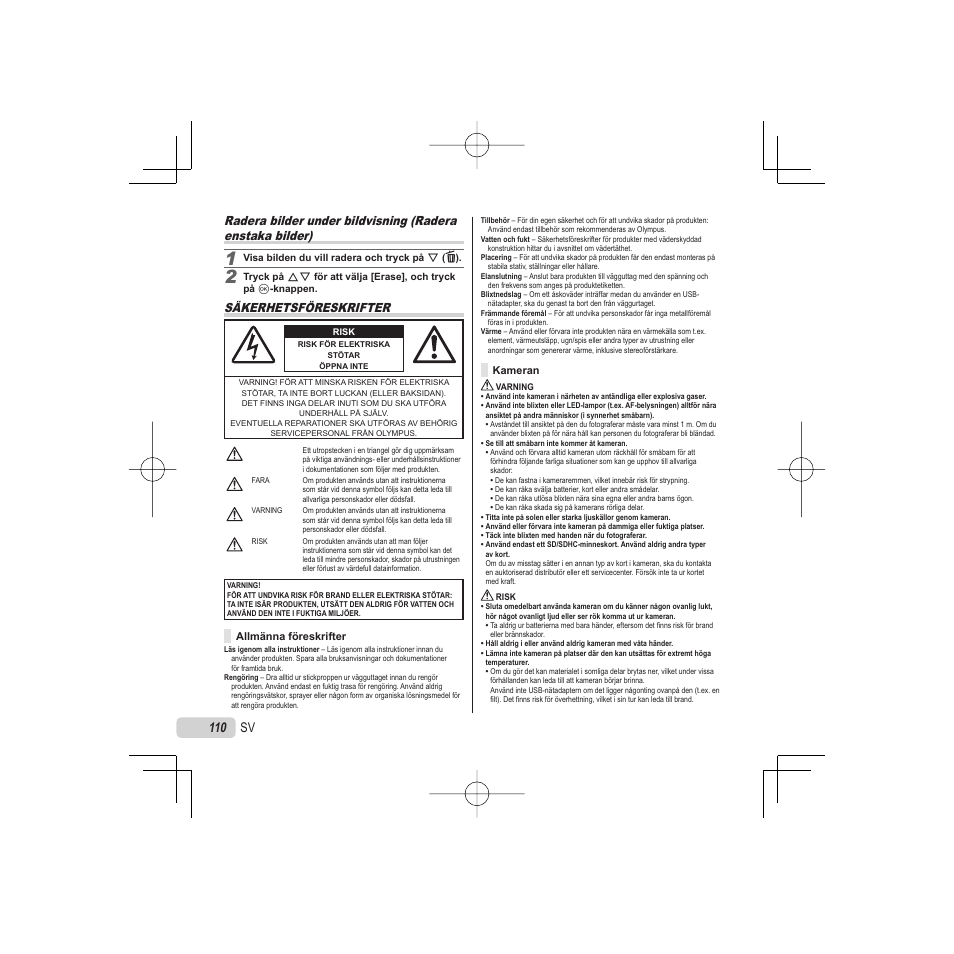 Säkerhetsföreskrifter | Olympus VR-325 User Manual | Page 110 / 148