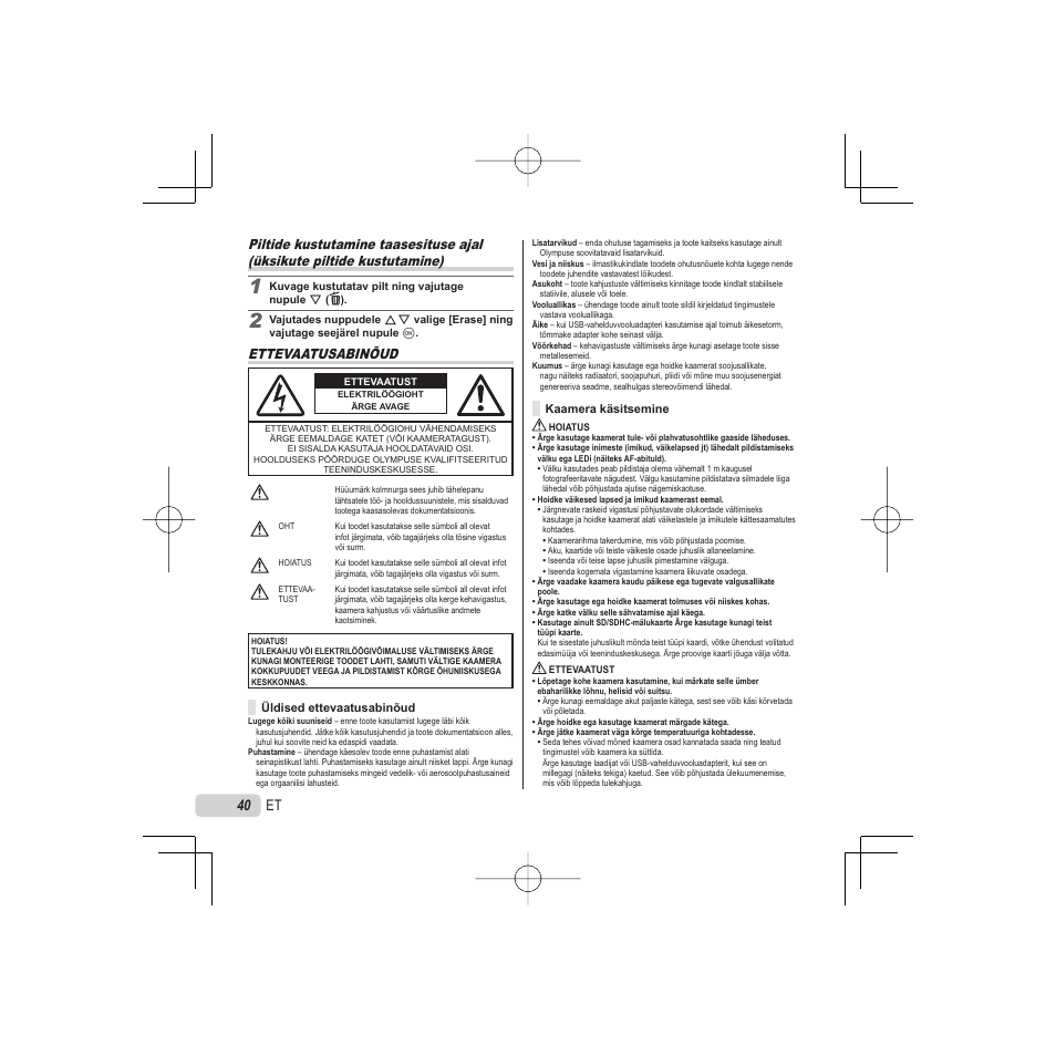 Ettevaatusabinõud | Olympus VR-325 User Manual | Page 40 / 148
