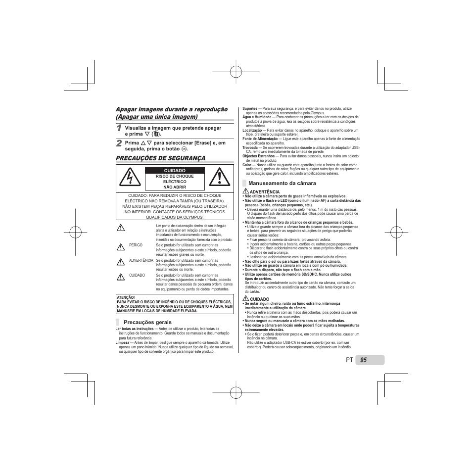 Precauções de segurança | Olympus VR-325 User Manual | Page 95 / 148