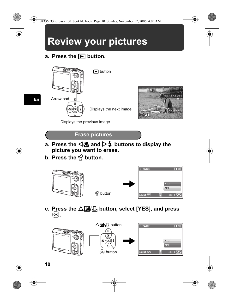 Review your pictures, Erase pictures | Olympus FE-240 User Manual | Page 10 / 100