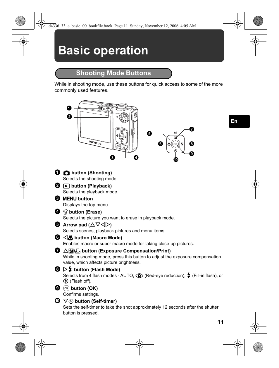 Basic operation, Shooting mode buttons | Olympus FE-240 User Manual | Page 11 / 100