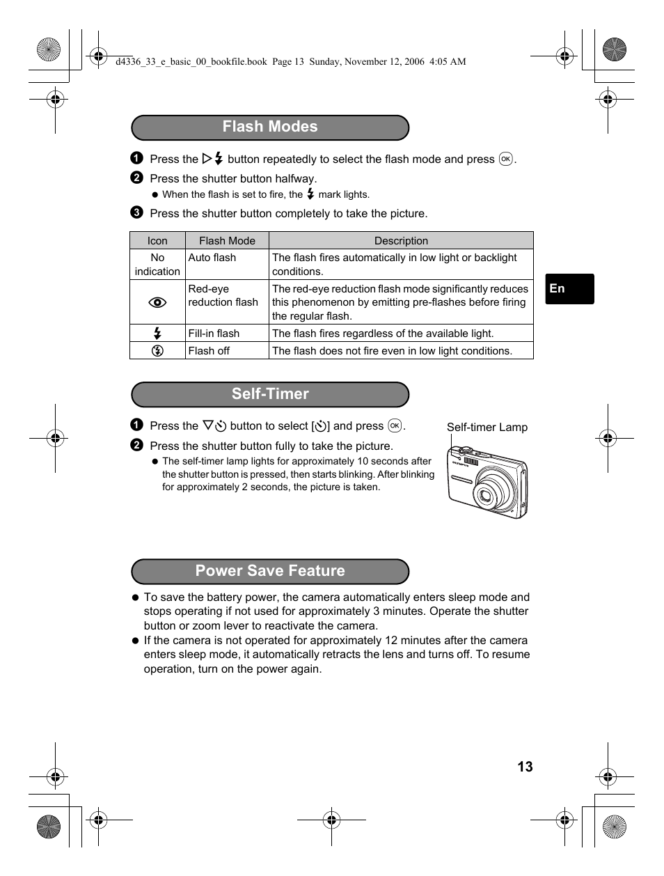 Flash modes self-timer, Power save feature | Olympus FE-240 User Manual | Page 13 / 100