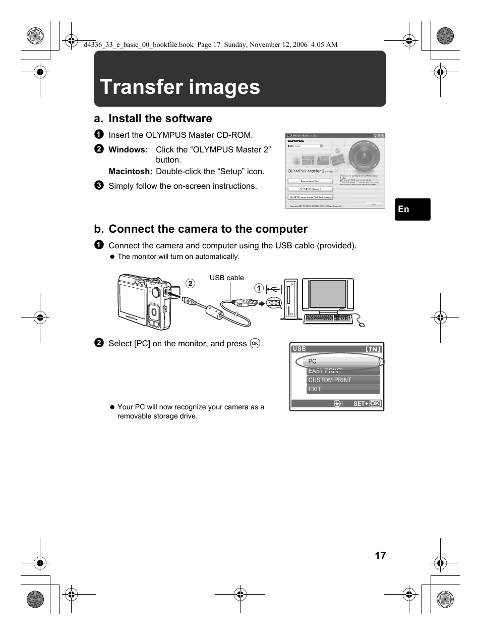 Transfer images, A. install the software, B. connect the camera to the computer | Olympus FE-240 User Manual | Page 17 / 100