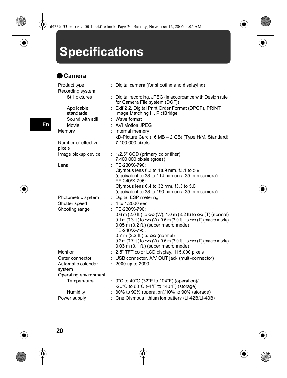 Specifications, Camera | Olympus FE-240 User Manual | Page 20 / 100