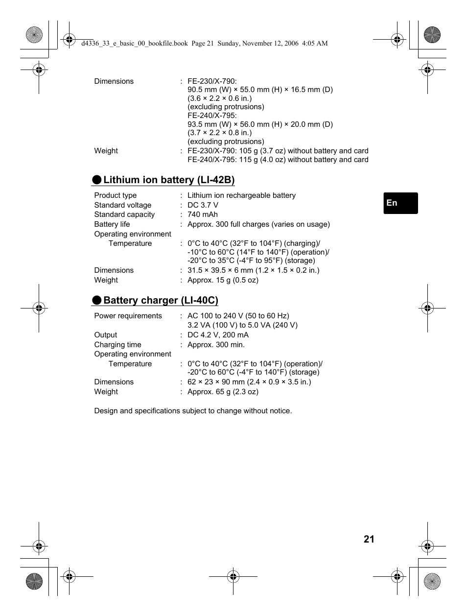 Lithium ion battery (li-42b), Battery charger (li-40c) | Olympus FE-240 User Manual | Page 21 / 100