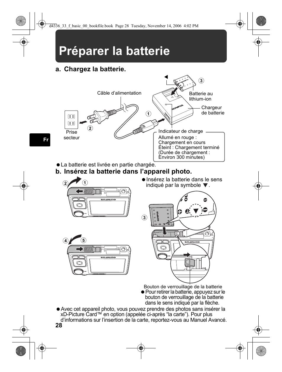 Préparer la batterie, A. chargez la batterie, B. insérez la batterie dans l’appareil photo | Olympus FE-240 User Manual | Page 28 / 100