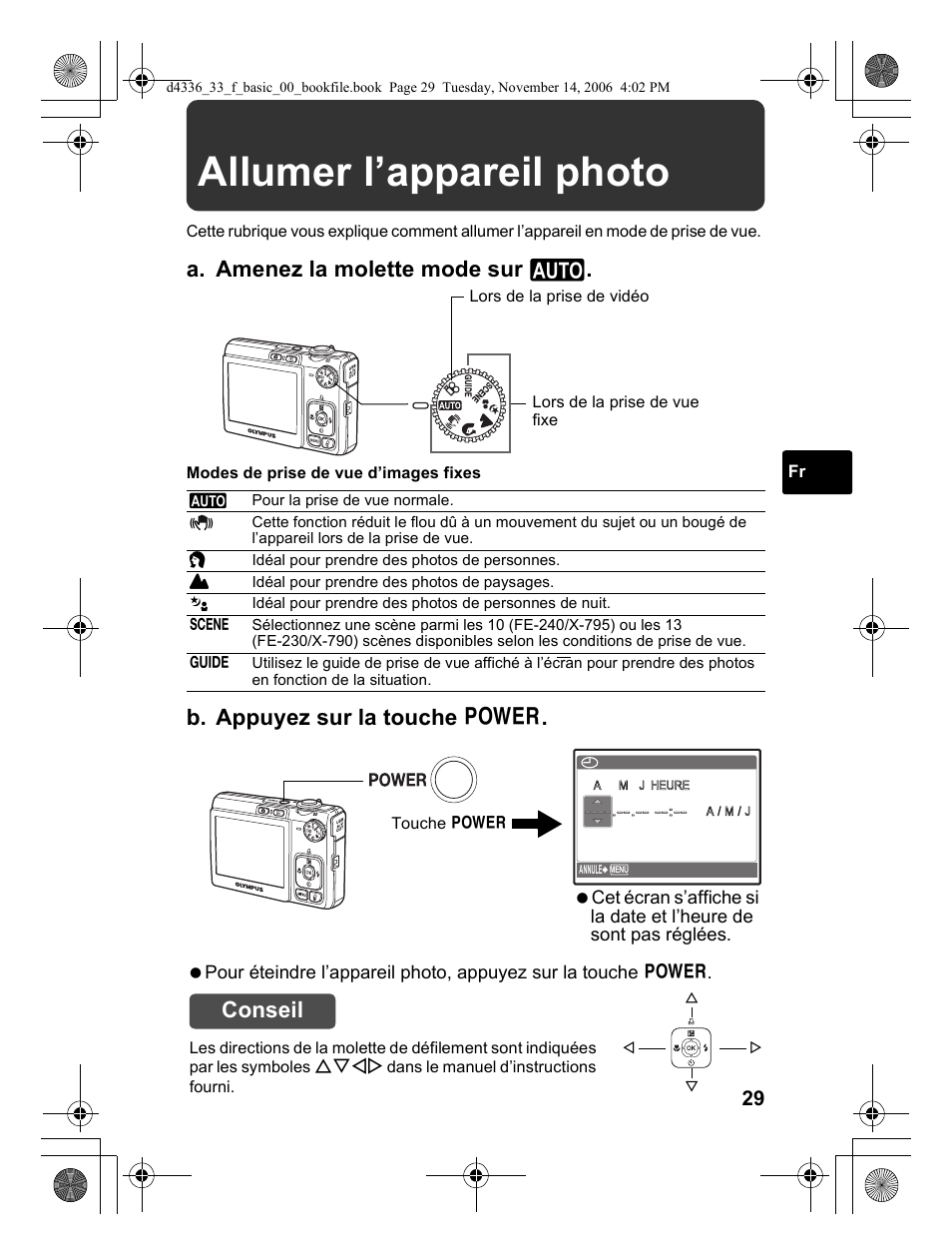 Allumer l’appareil photo, A. amenez la molette mode sur h, B. appuyez sur la touche o | Conseil | Olympus FE-240 User Manual | Page 29 / 100