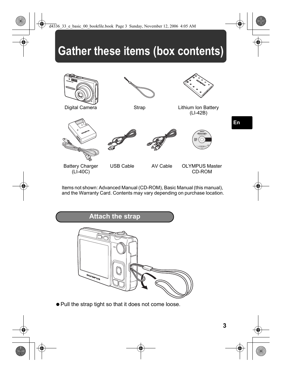 Gather these items (box contents), Attach the strap | Olympus FE-240 User Manual | Page 3 / 100