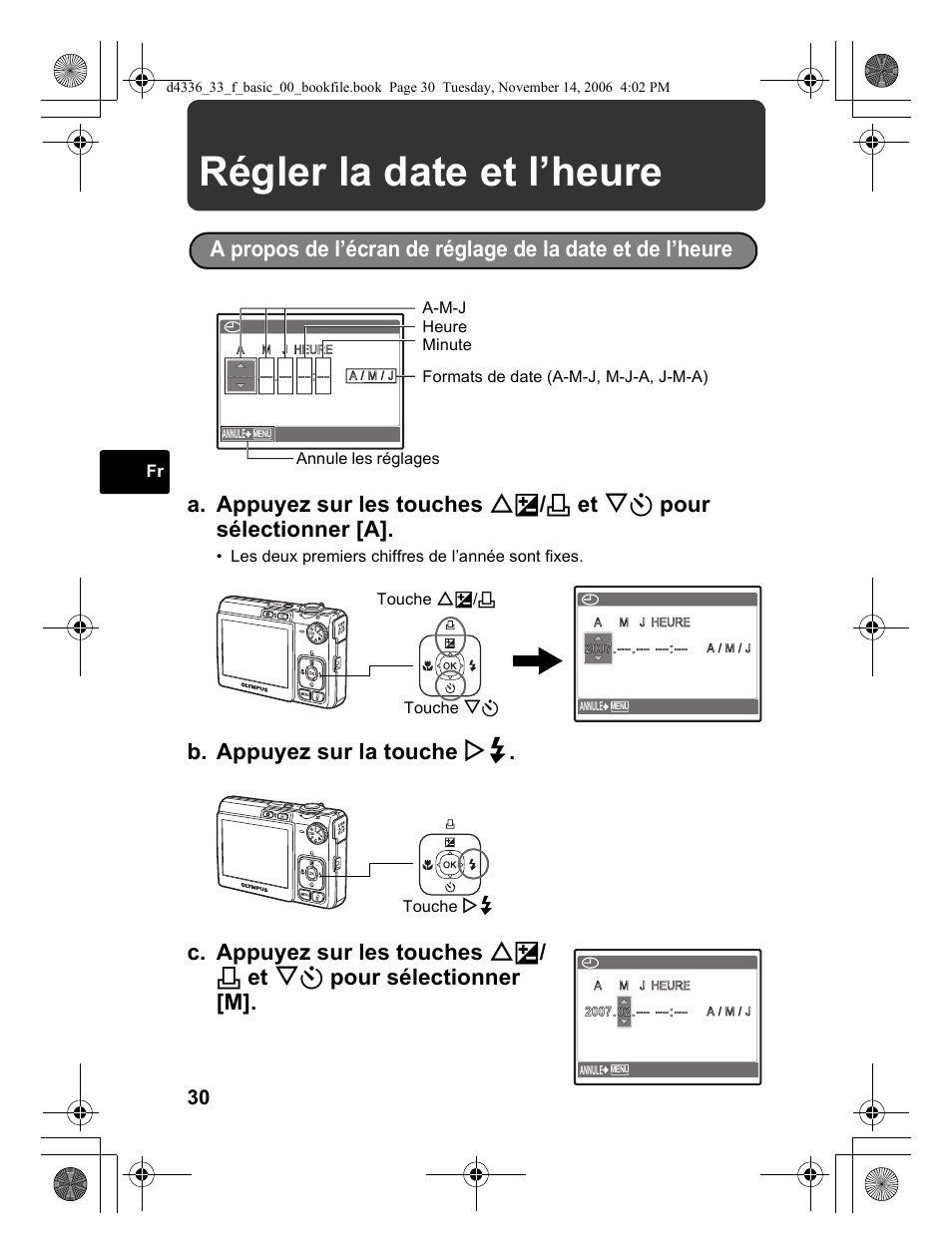 Régler la date et l’heure | Olympus FE-240 User Manual | Page 30 / 100