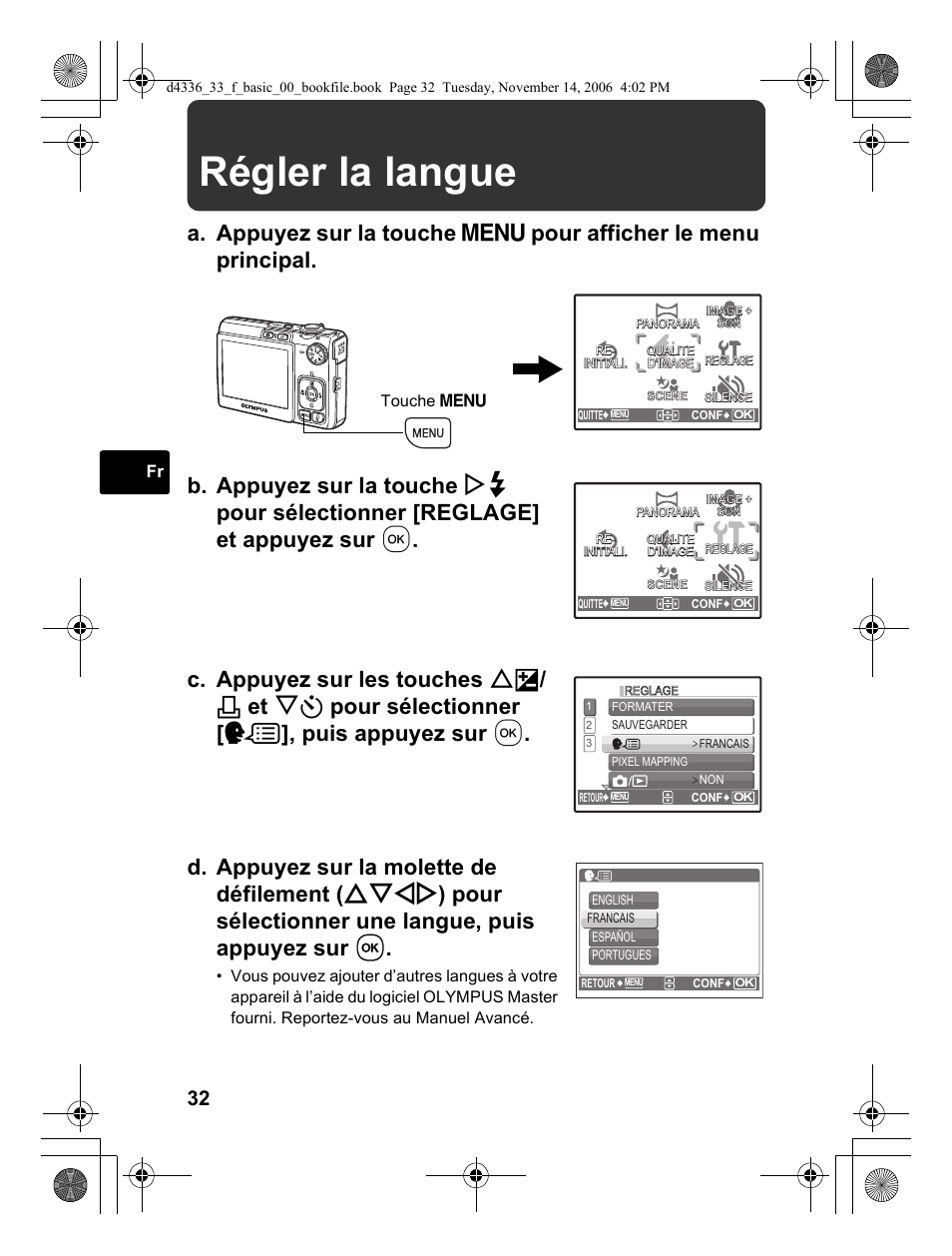 Régler la langue | Olympus FE-240 User Manual | Page 32 / 100