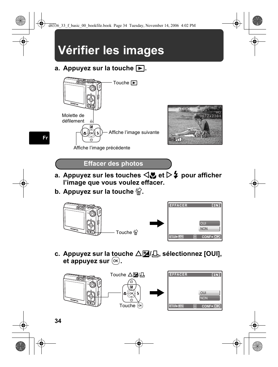 Vérifier les images, Effacer des photos | Olympus FE-240 User Manual | Page 34 / 100