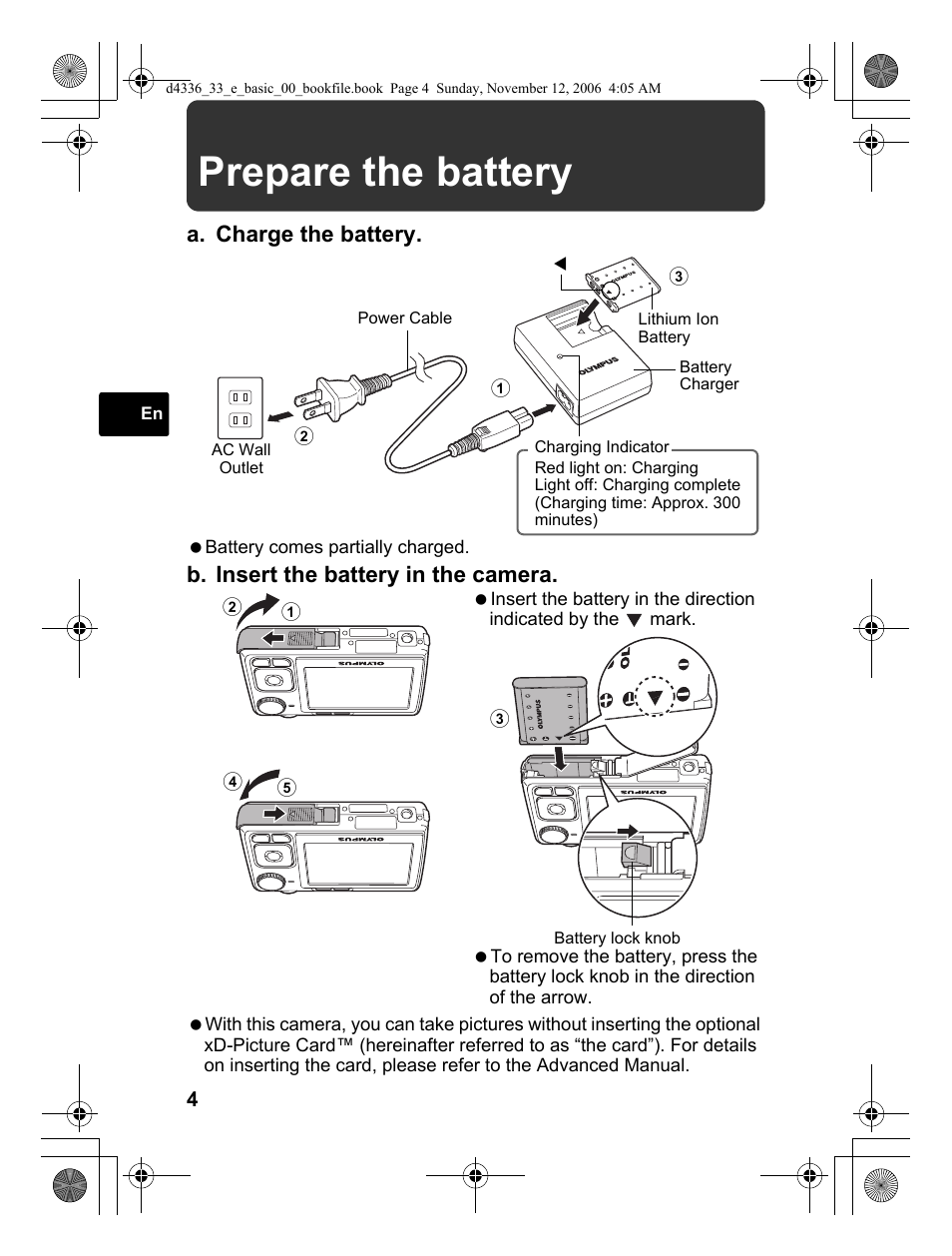 Prepare the battery, A. charge the battery, B. insert the battery in the camera | Olympus FE-240 User Manual | Page 4 / 100