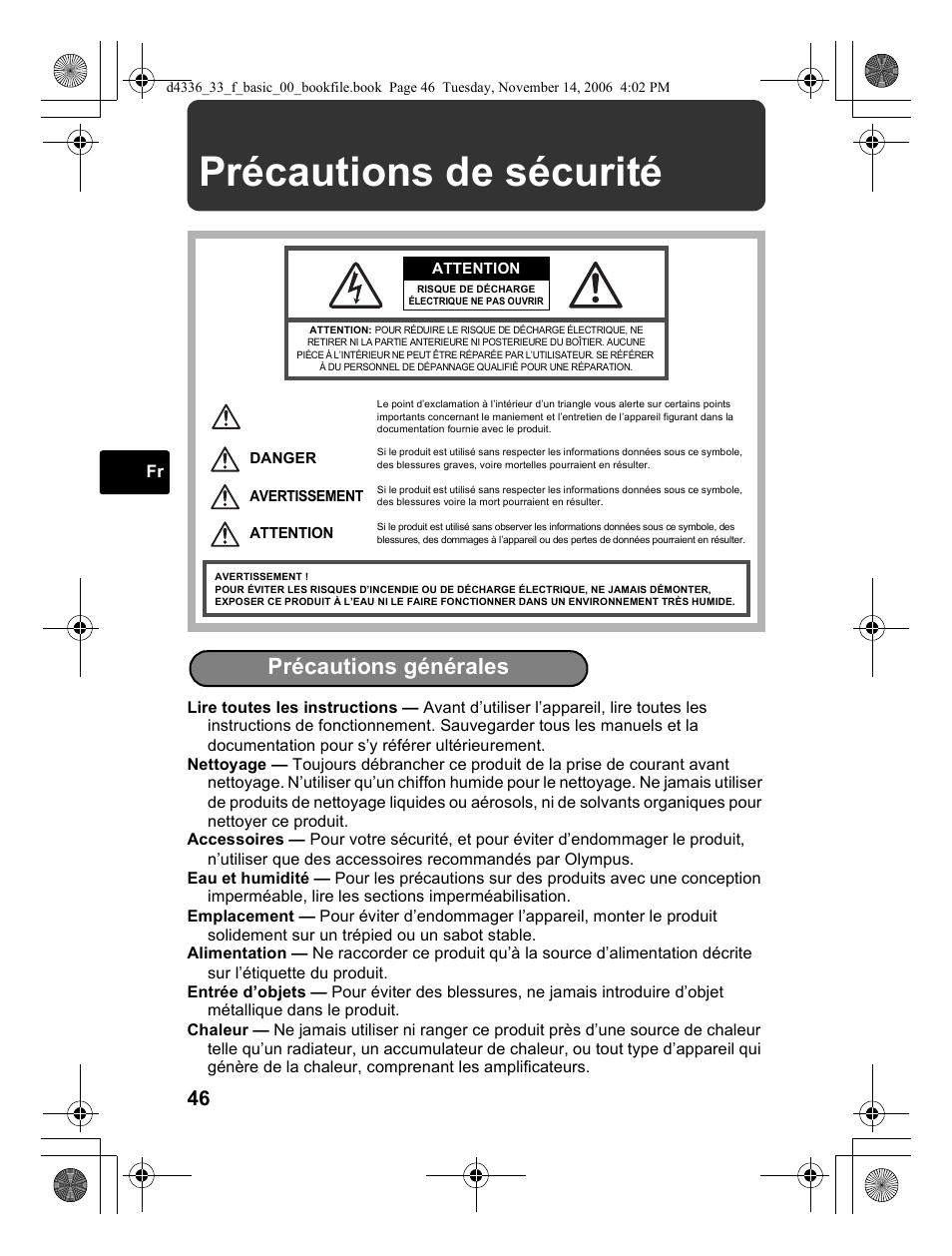 Précautions de sécurité, Précautions générales | Olympus FE-240 User Manual | Page 46 / 100