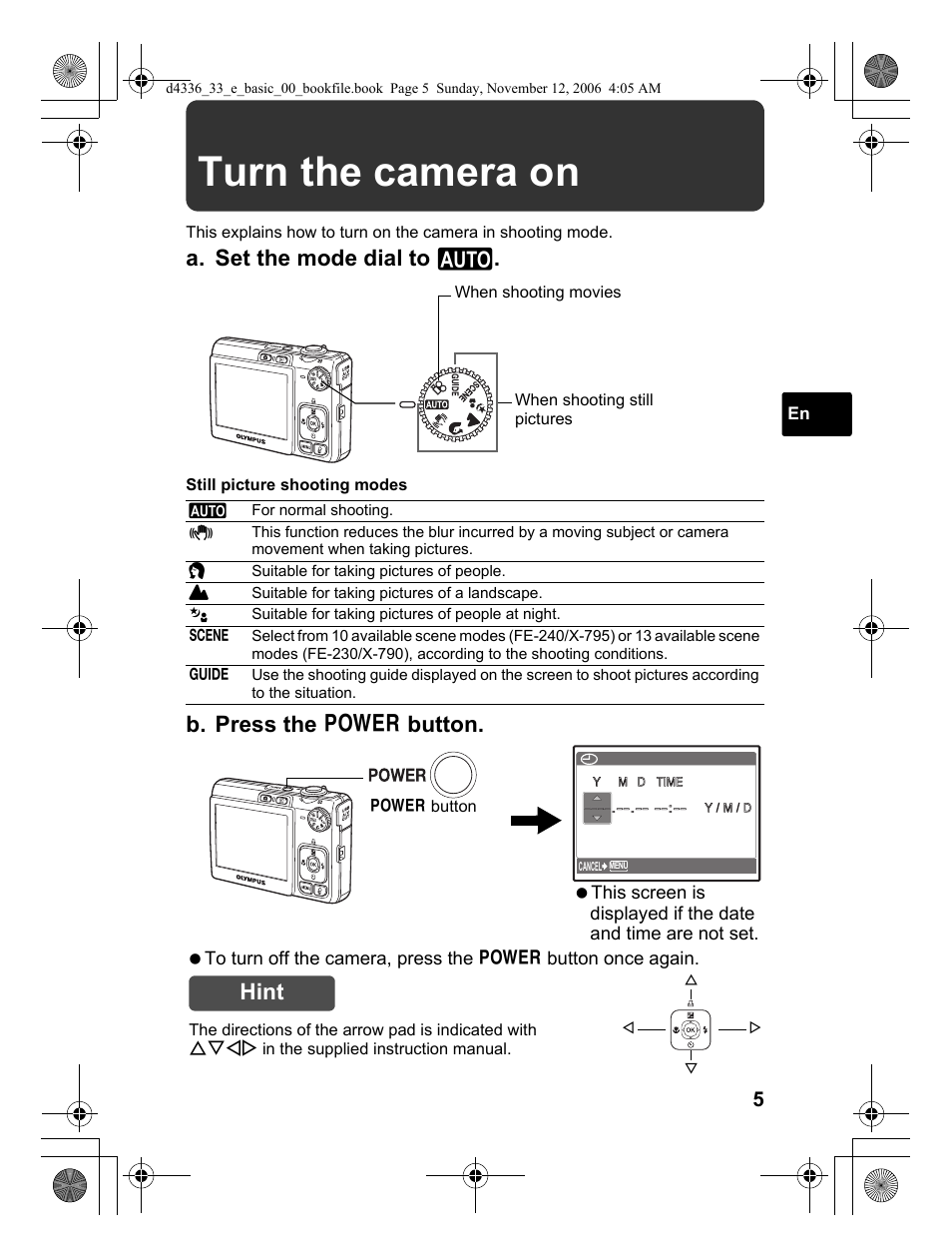 Turn the camera on, A. set the mode dial to h, B. press the o button | Hint | Olympus FE-240 User Manual | Page 5 / 100