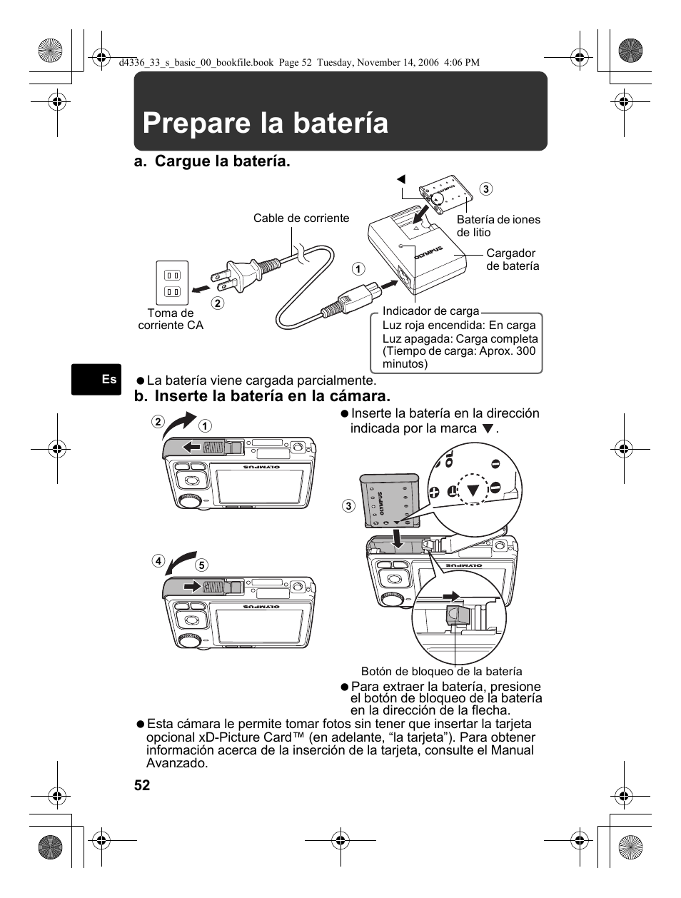 Prepare la batería, A. cargue la batería, B. inserte la batería en la cámara | Olympus FE-240 User Manual | Page 52 / 100