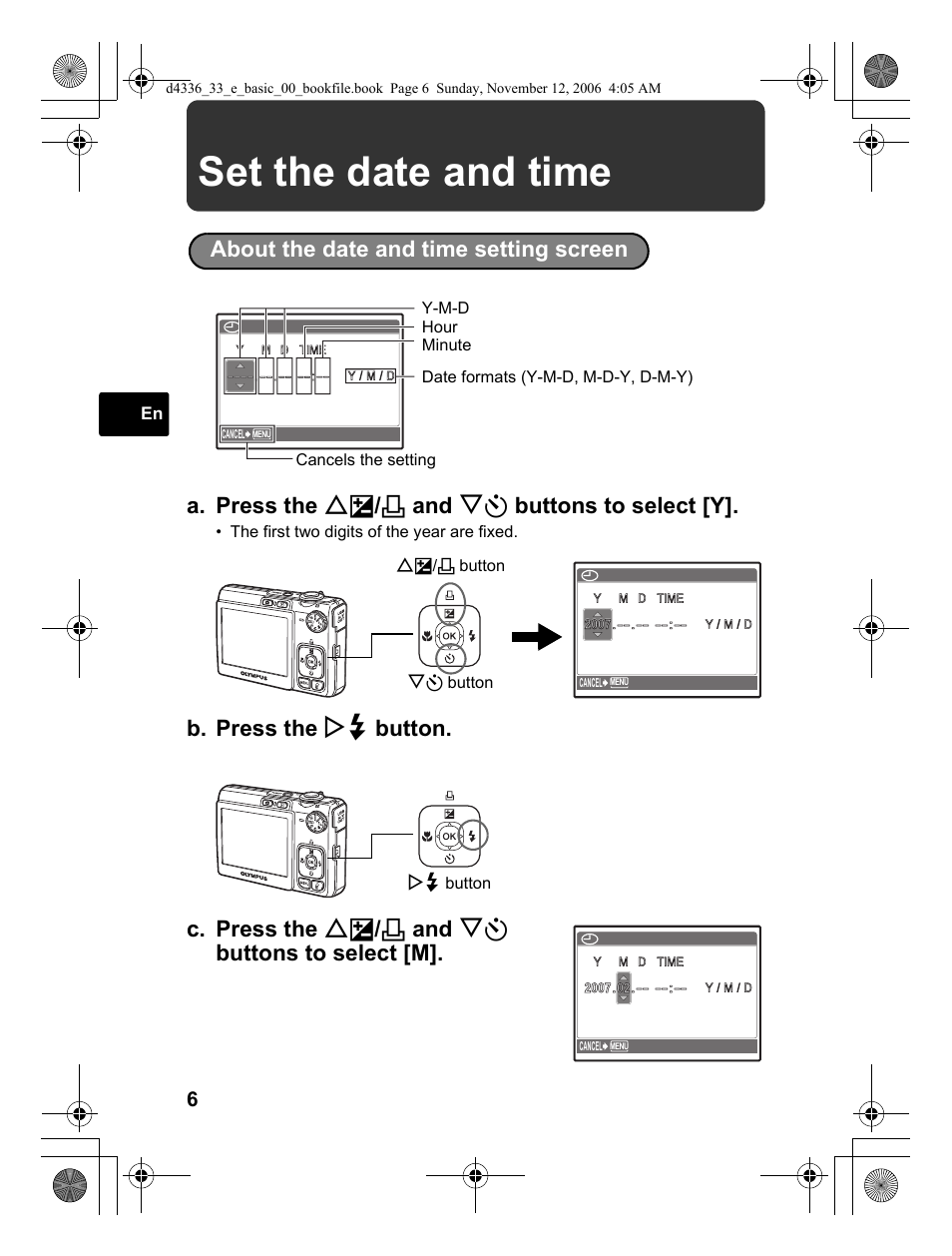 Set the date and time, A. press the of / < and ny buttons to select [y | Olympus FE-240 User Manual | Page 6 / 100