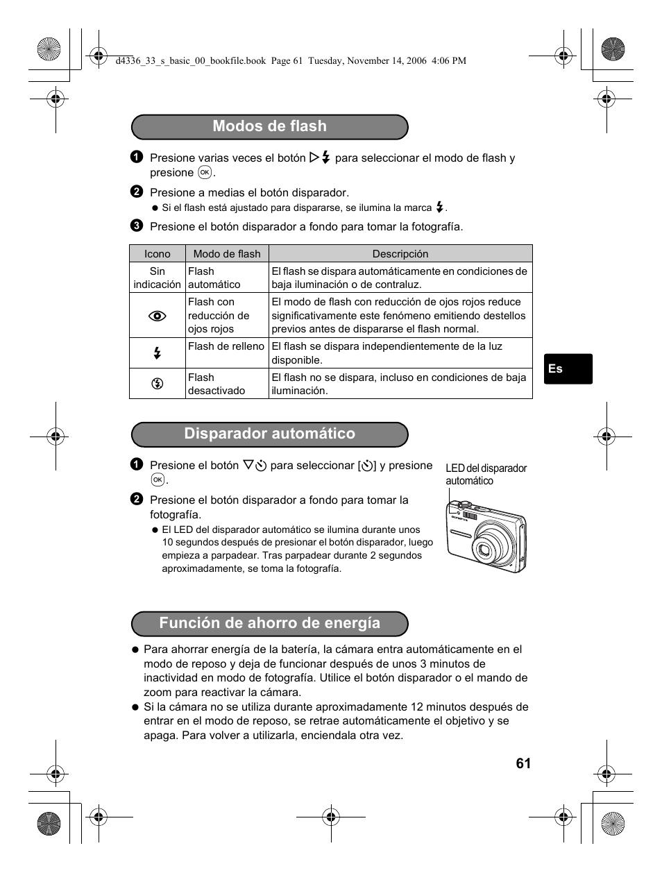 Modos de flash disparador automático, Función de ahorro de energía | Olympus FE-240 User Manual | Page 61 / 100