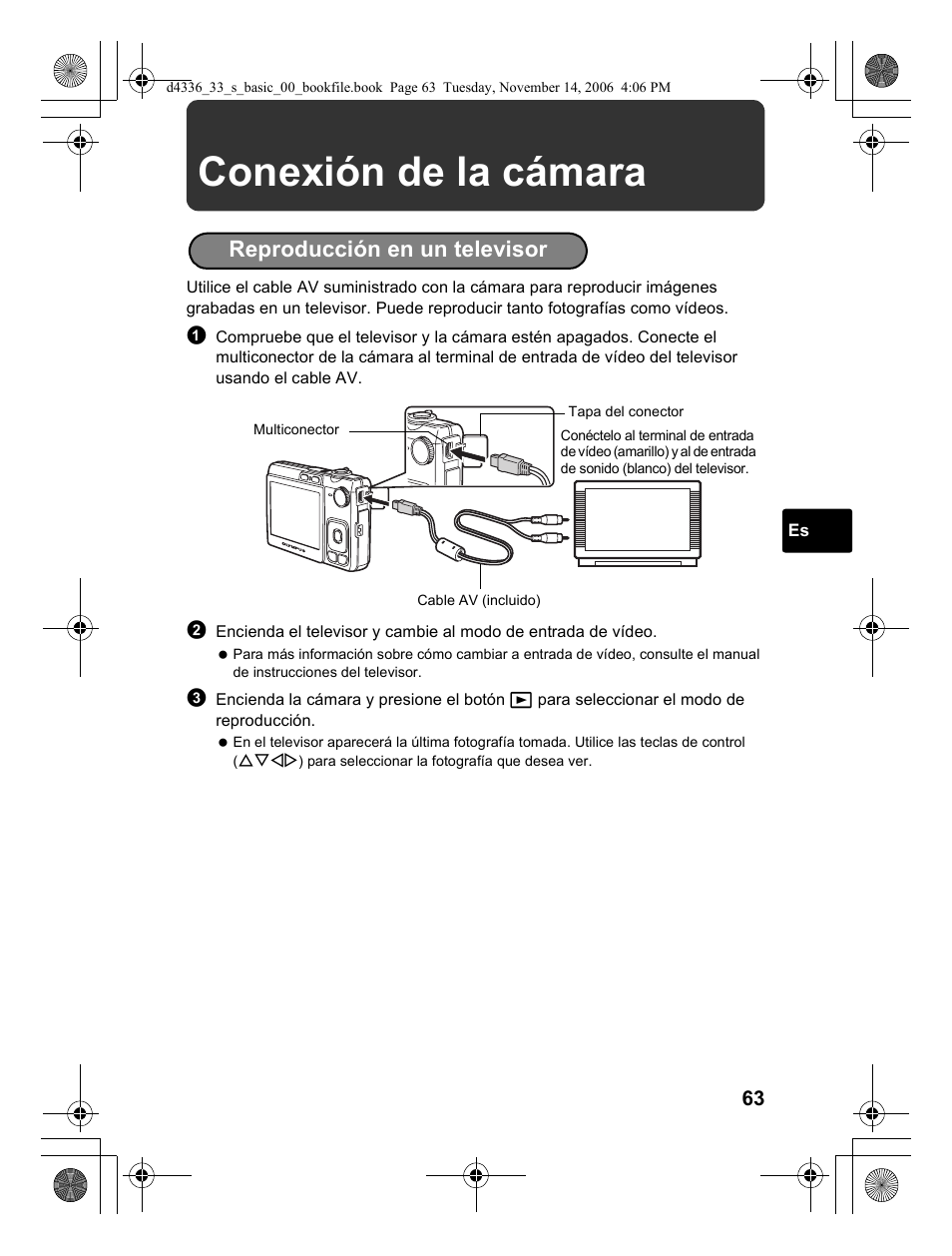 Conexión de la cámara, Reproducción en un televisor | Olympus FE-240 User Manual | Page 63 / 100